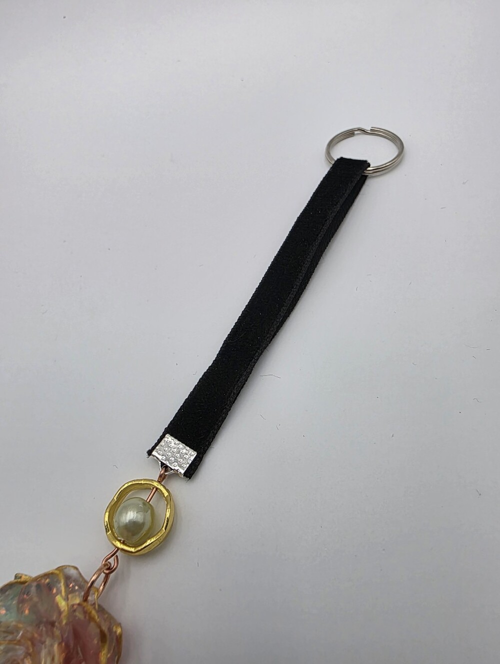 Black Strap Keychain with Green & Pink Iridescent Rose Charm Handmade Accessory - Picture 5 of 5